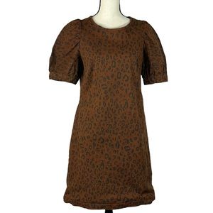 Universal Thread SZ 10 Denim Dress Leopard Print Short Puff Sleeve Stretch Brown